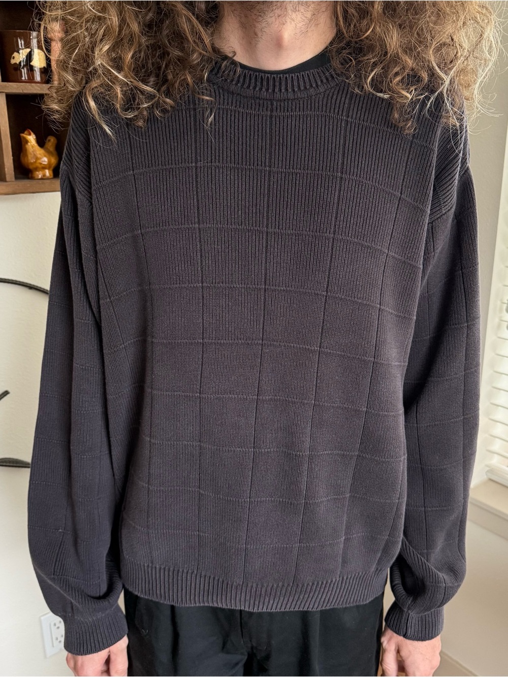 Vintage 90s Navy Blue Textured Grid Crewneck Knit Sweater ~ Size Large